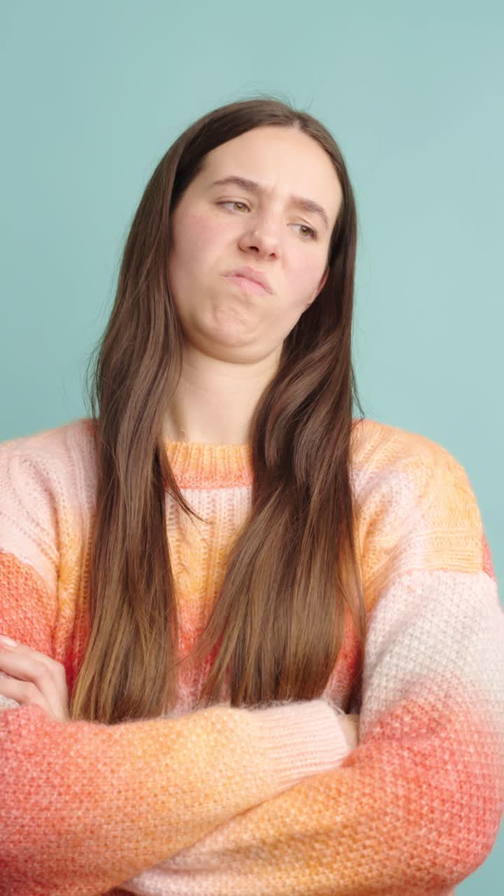 Expressive woman reactions showing displeasure and reflection