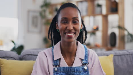 Smile,-portrait-and-black-woman-on-sofa-in-home-to