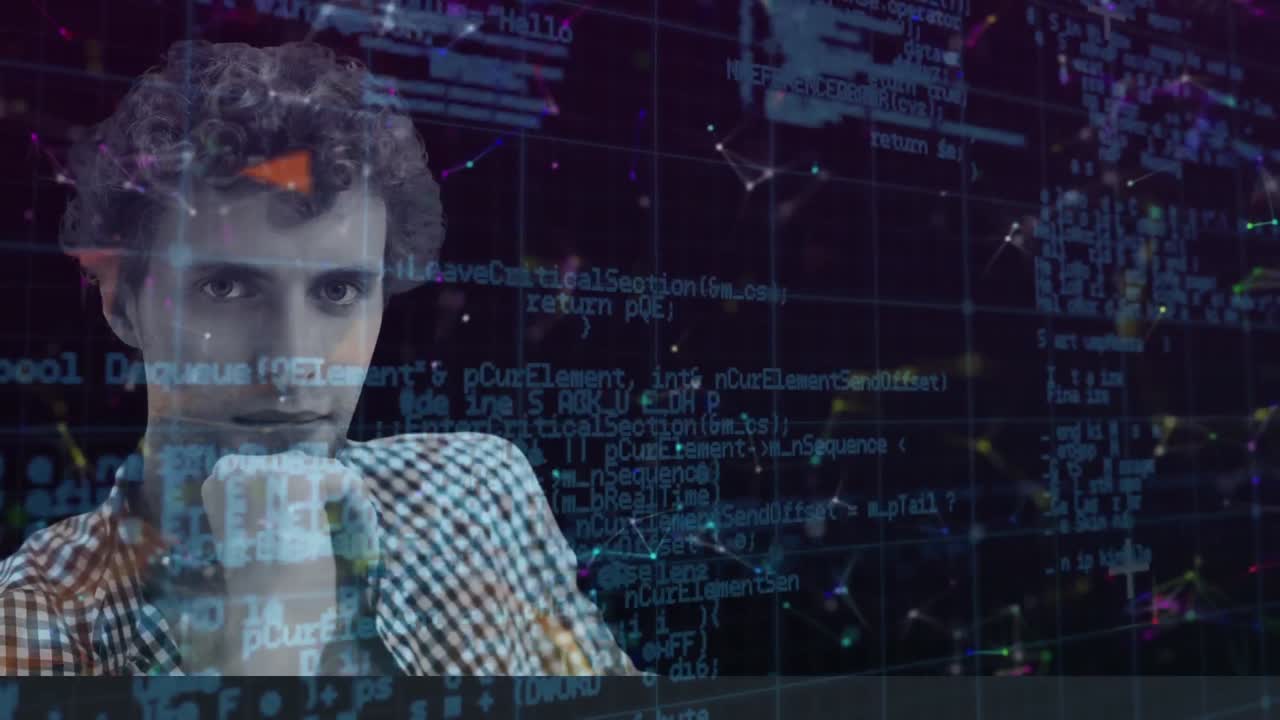 red de conexiones sobre el hombre con la mano en la barbilla contra el procesamiento de datos