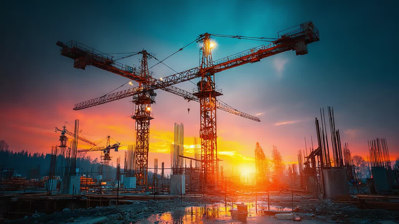 Majestic sunset showcases towering construction cranes silhouetted against a vibrant sky, symbolizing urban development and the progression of architectural endeavors