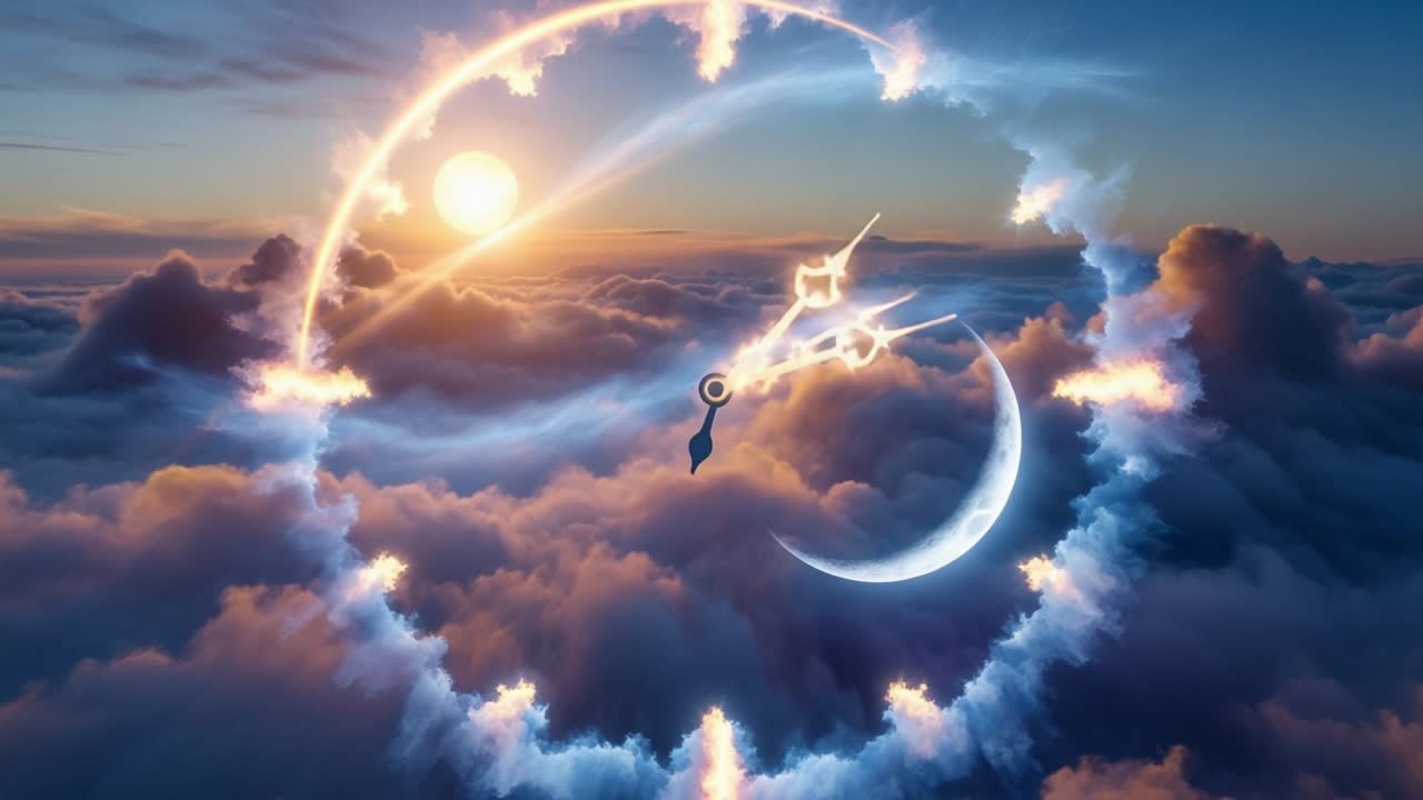 A Surreal Clock Surrounded by Clouds at Dawn, Blending the Imagery of Time with Celestial Elements, Creating an Enchanting Atmosphere of Daylight Transition
