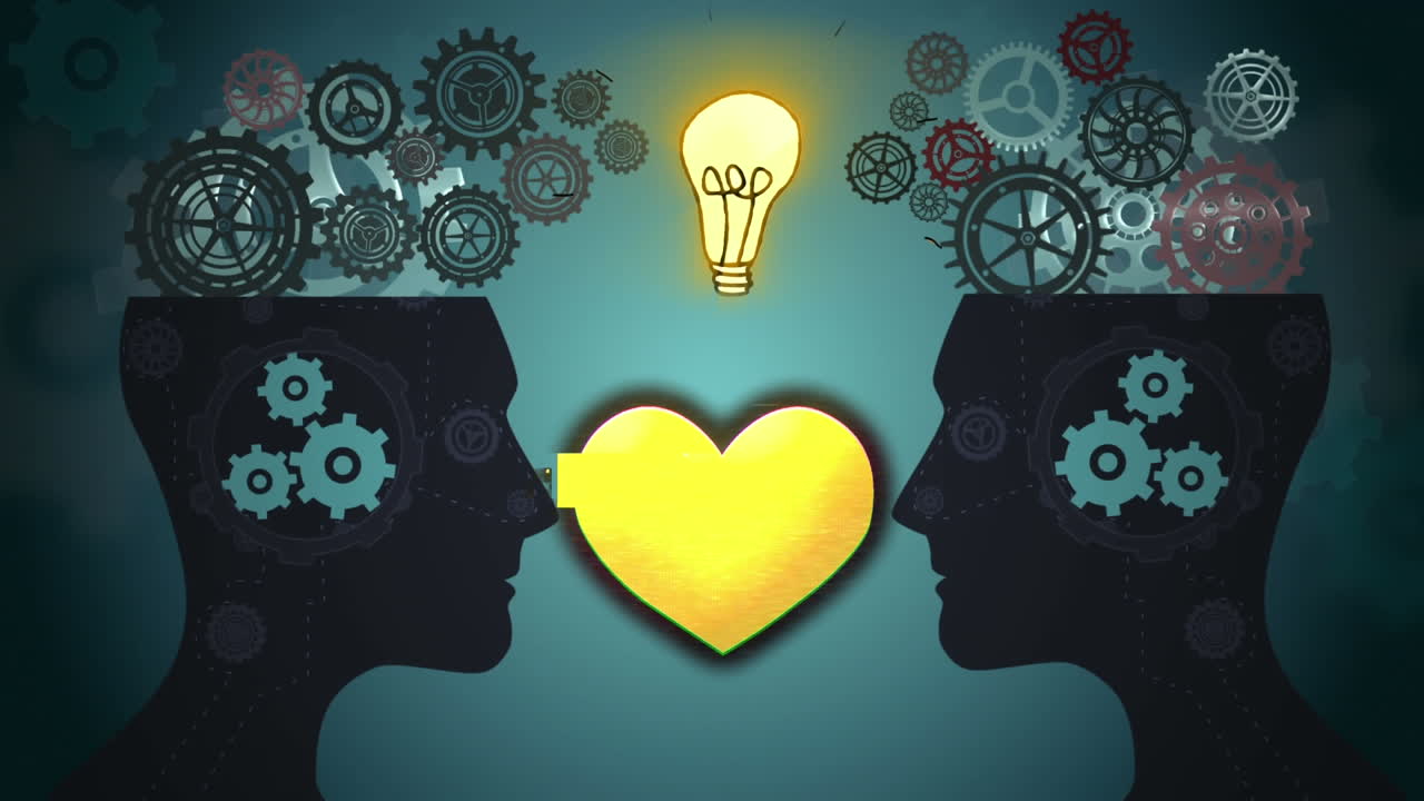 디지털 이미지는 사랑과 감정을 묘사합니다. 머리 사이에는 애니메이션 심장과 전구가 있습니다.