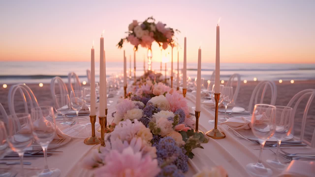 Tavolo romantico per un matrimonio in spiaggia al tramonto, vista grandangolare, perfetto per un video da sogno