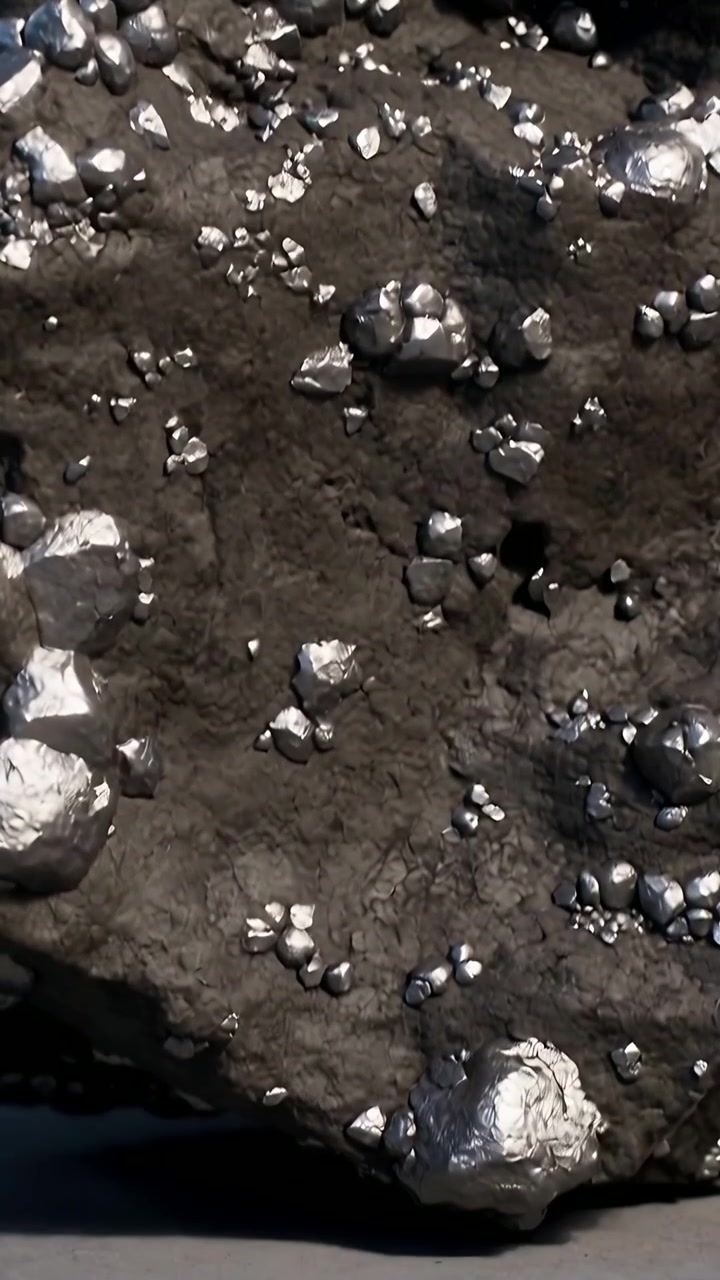 Vertical video: Tracking camera revealing dark rough rock on flat support, exposing silvery nodules