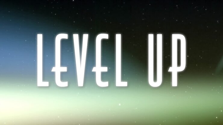 Level up text animation over blurred colorful background