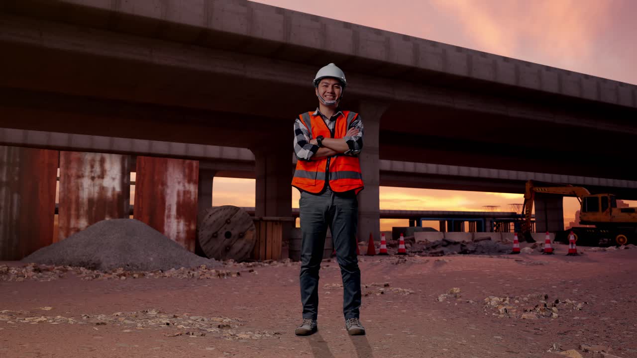 Full Body Of Asian Male Engineer With Safety Helmet Crossing His Arms And Smiling To Camera While Standing At The Site of Highway Construction