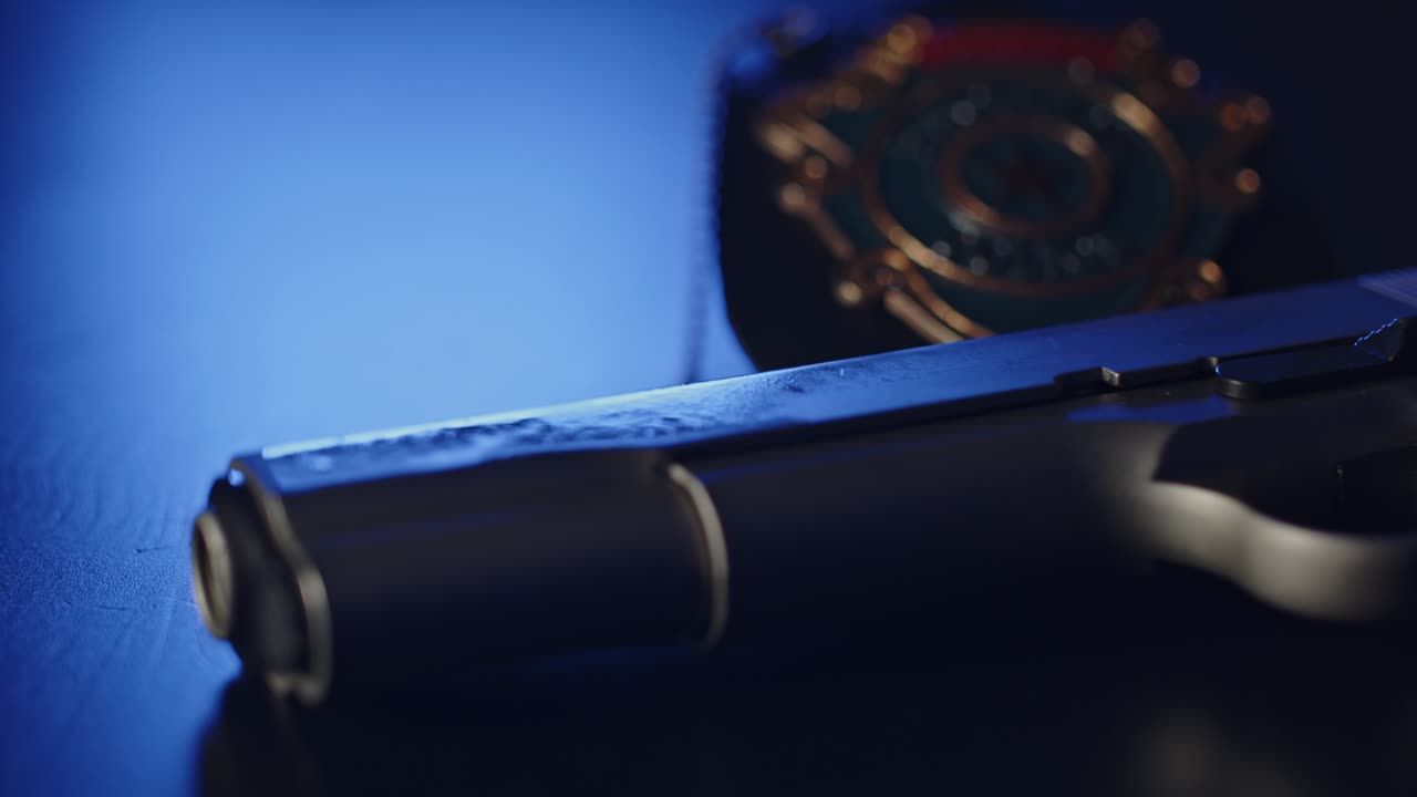 빨간색과 파란색의 불빛이  ⁇ 박이는 권총과 경찰 배지 위에  ⁇