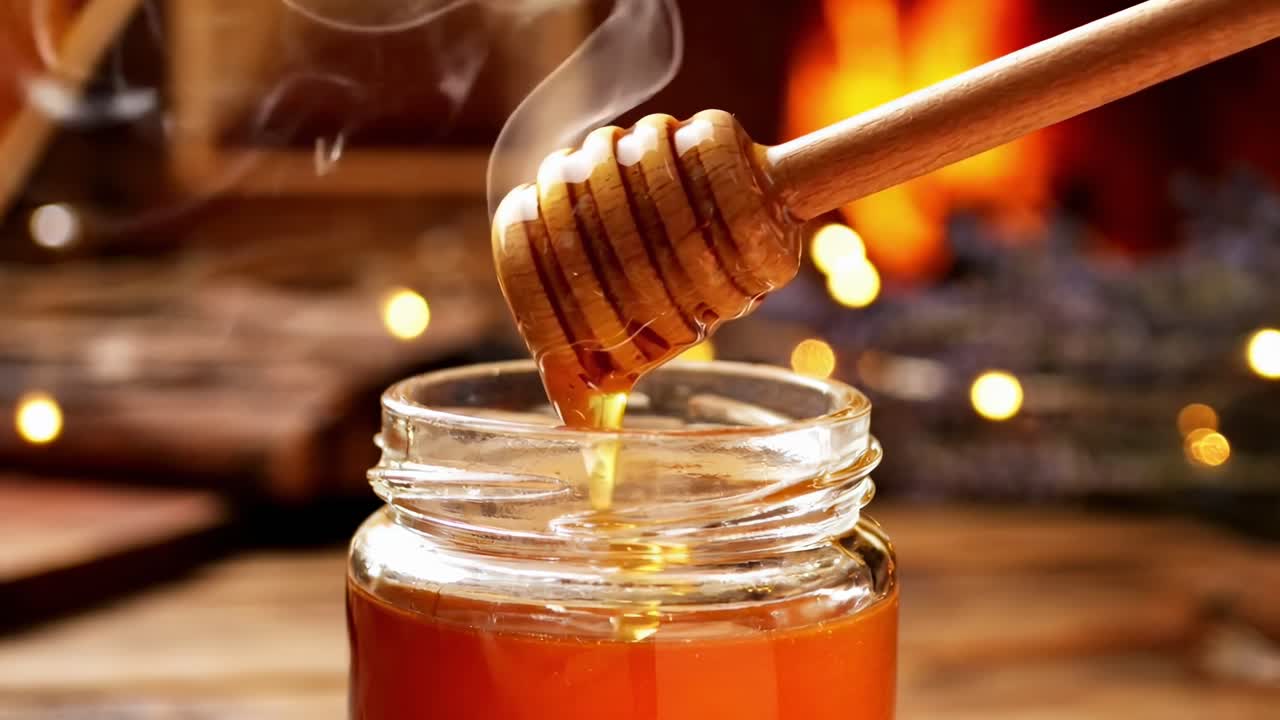 Miele caldo che cola da un mestolo di legno in un barattolo di vetro.