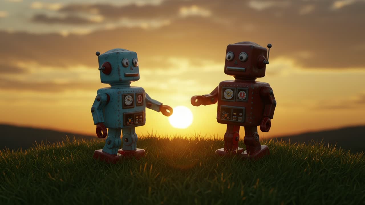 Un incontro commovente: due robot vintage condividono un momento di amicizia sullo sfondo di un bellissimo tramonto in un paesaggio sereno