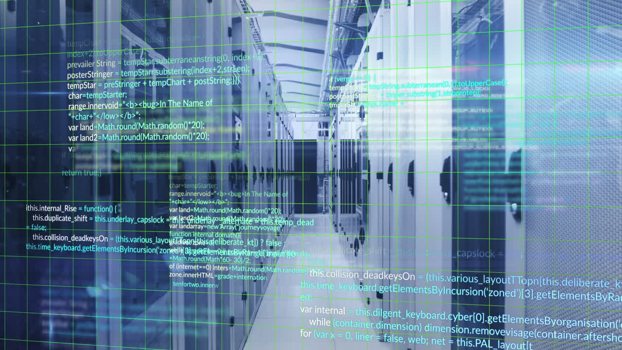 Animation of computer language and grid moving over data server rooms