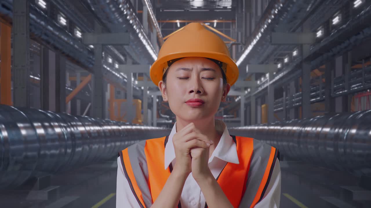 Close Up Of Asian Female Engineer With Safety Helmet Pray For Something While Standing With Metal Pipes