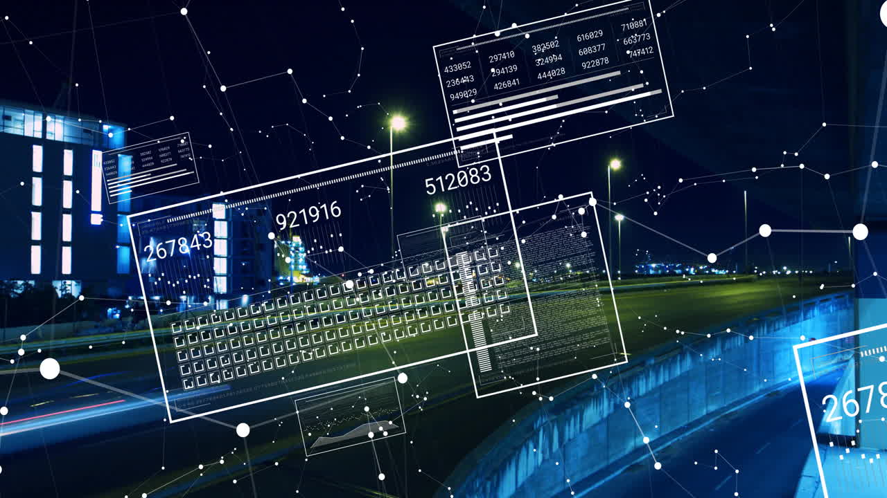 Animation overlaying digital data and network connections on cityscape at night
