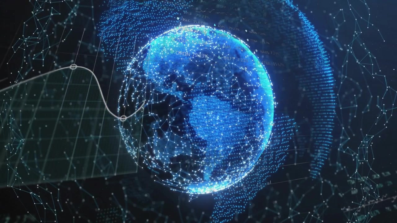 After globe appearance Earth rotating with rising line graph and filling bars showing market data
