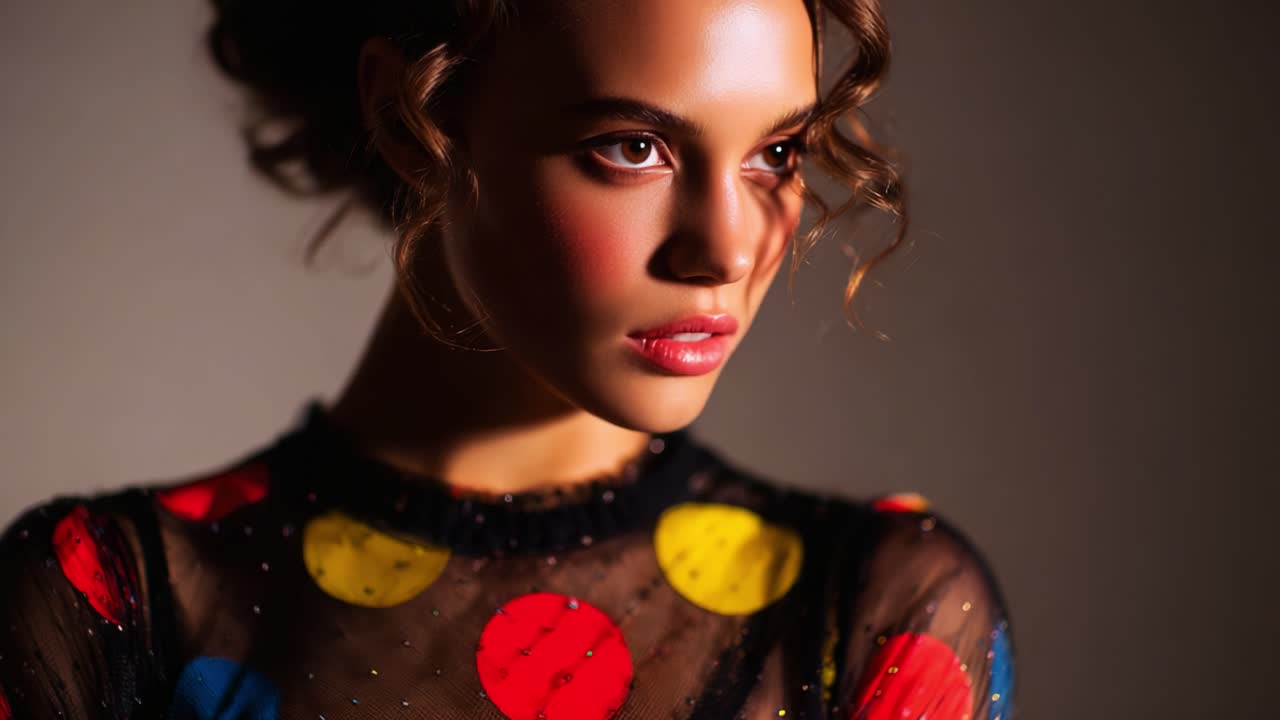 A Captivating Portrait Series Featuring a Young Model in a Colorful Polka Dot Outfit, Emphasizing Beauty and Style in an Artistic Lighting Setup That Highlights Her Features and Expressions