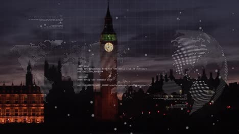 animación del mapa del mundo, globo giratorio y procesamiento de datos contra la vista de la torre big ben por la noche.