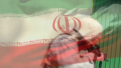 animación de la bandera de irán sobre un soldado caucásico con un arma
