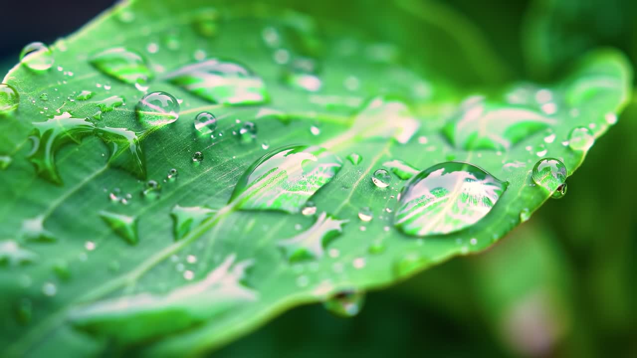 Close-up of Rain-Drenched Green Leaf with Glistening Water Drops Showcasing Nature's Refreshing Beauty in a Lush Environment