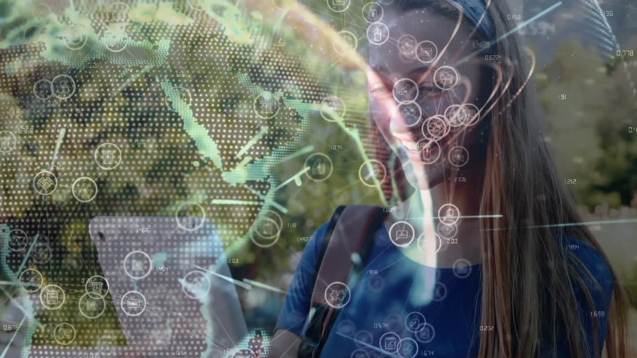 Female student studying educational tech outdoors, interacting with digital globe and network icons