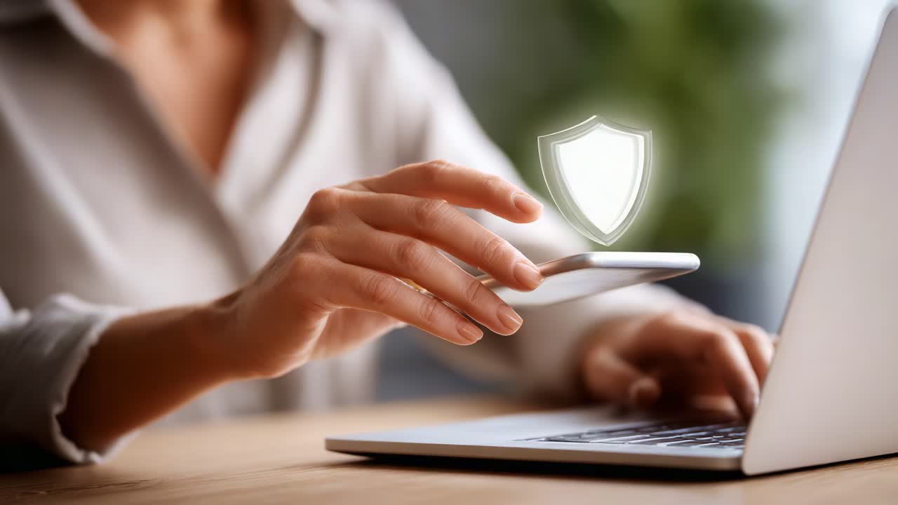A modern individual engages with a smartphone while utilizing a laptop, showcasing themes of cybersecurity, digital safety, and technology in everyday living