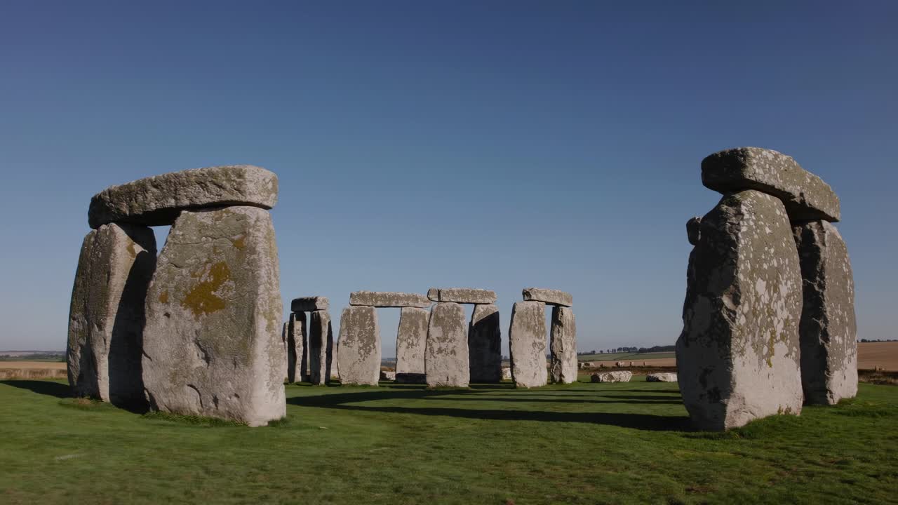 Wide-angle video captures iconic Stonehenge from a low perspective, highlighting the ancient stones