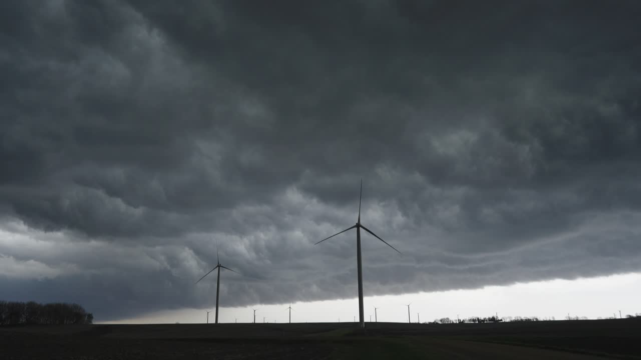 Wind Turbines Stand Resilient Beneath Turbulent, Storm-filled Skies - Wide Shot
