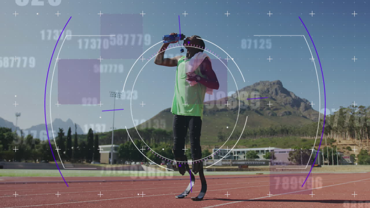 Animazione di elaborazione dati digitali su atleta maschio disabile con protesi da corsa che beve acqua