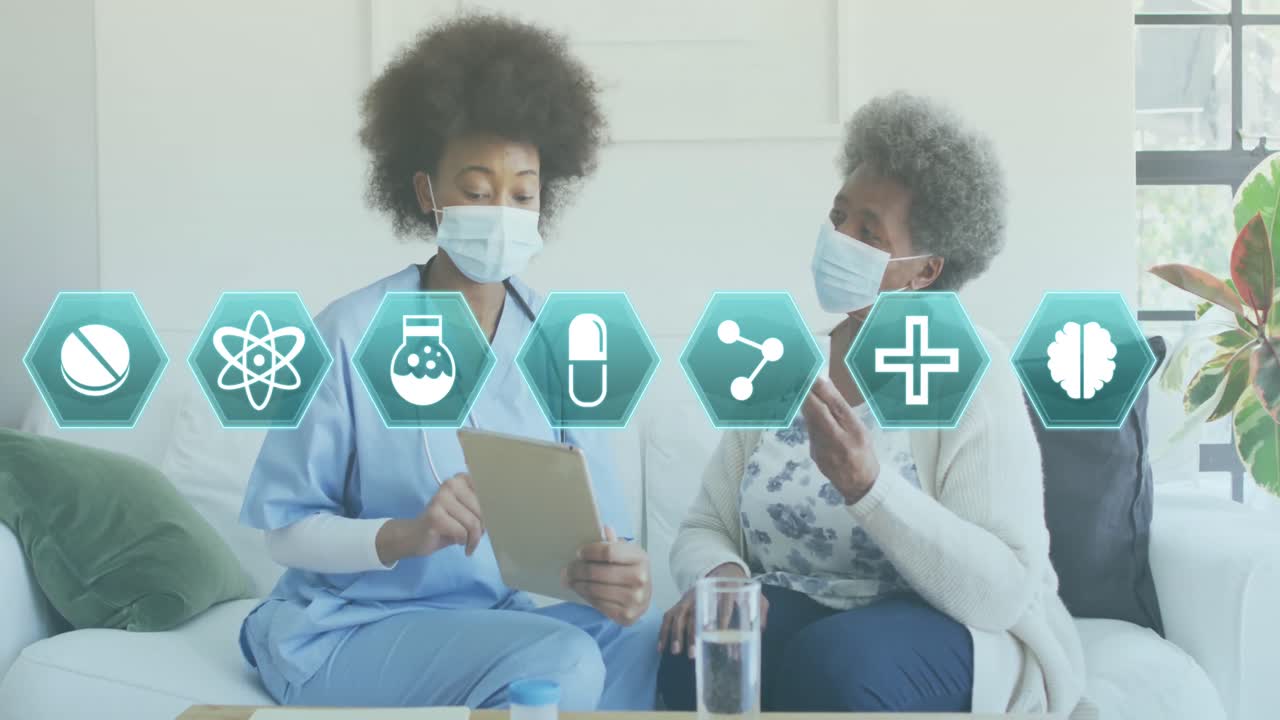 환자와 함께 아프리카계 미국인 여성 의사 위에 의료 아이콘의 애니메이션