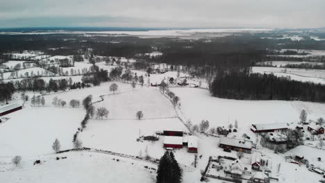 Vuelo-Aéreo-Hacia-Adelante-Sobre-El-Paisaje-Nevado-De-Invierno-Con-Un-Pequeño-Pueblo-Y-árboles-Sin-Hojas-En-Suecia