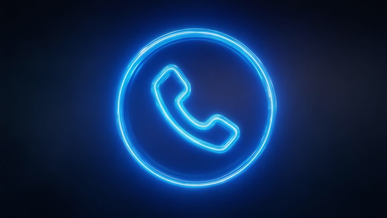 Icône de téléphone néon bleu illuminant l'obscurité d'une lueur vibrante, représentant la communication et la connexion à l'ère numérique.
