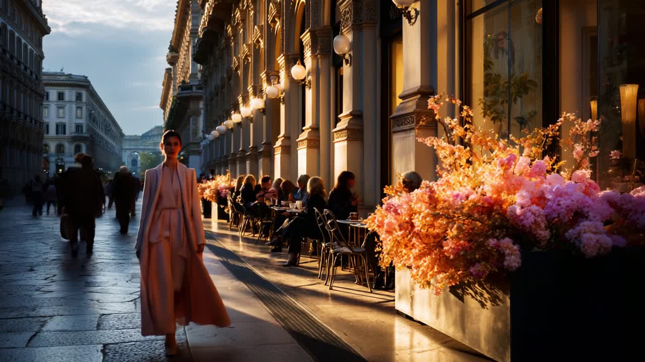 A graceful fashion model strides through a vibrant street lined with stunning floral displays and stylish outdoor cafes, capturing the essence of elegance in an urban setting