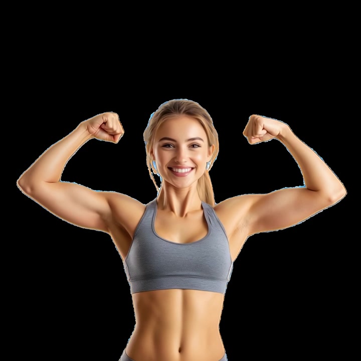 Fit Young Woman Flexing Muscles and Smiling at Camera
