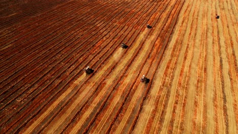 aerial view of tractors harvesting a field
