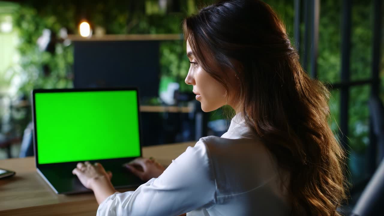 A young woman sits focused at her laptop in a modern workspace, surrounded by greenery. Her attention is directed towards the bright green screen, possibly engaged in creative or professional tasks