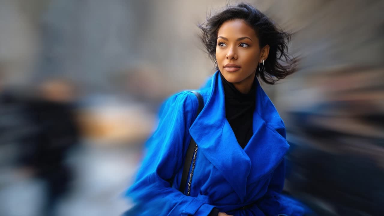 An elegant woman wears a vibrant blue coat, exuding confidence and style amidst a blurred urban background, showcasing fashion and poise in motion