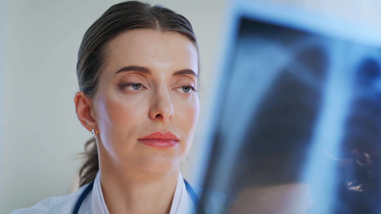 Medicare specialist analyzing x-ray for diagnostic in healthcare clinic closeup