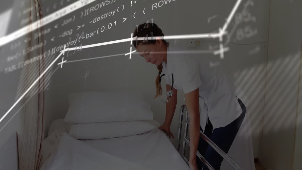 Housekeeper kneeling arranging white linens in bedroom with pillow icons and shadow lines