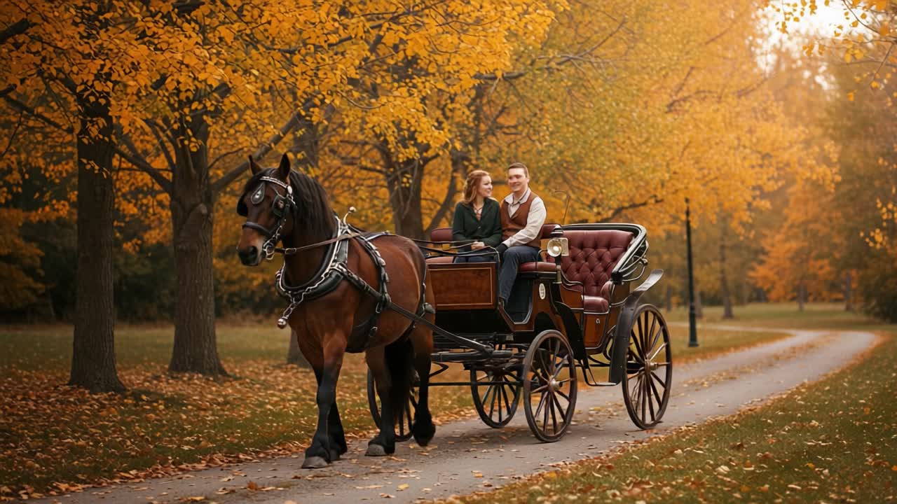 Couple in a Horse-Drawn Carriage During Autumn