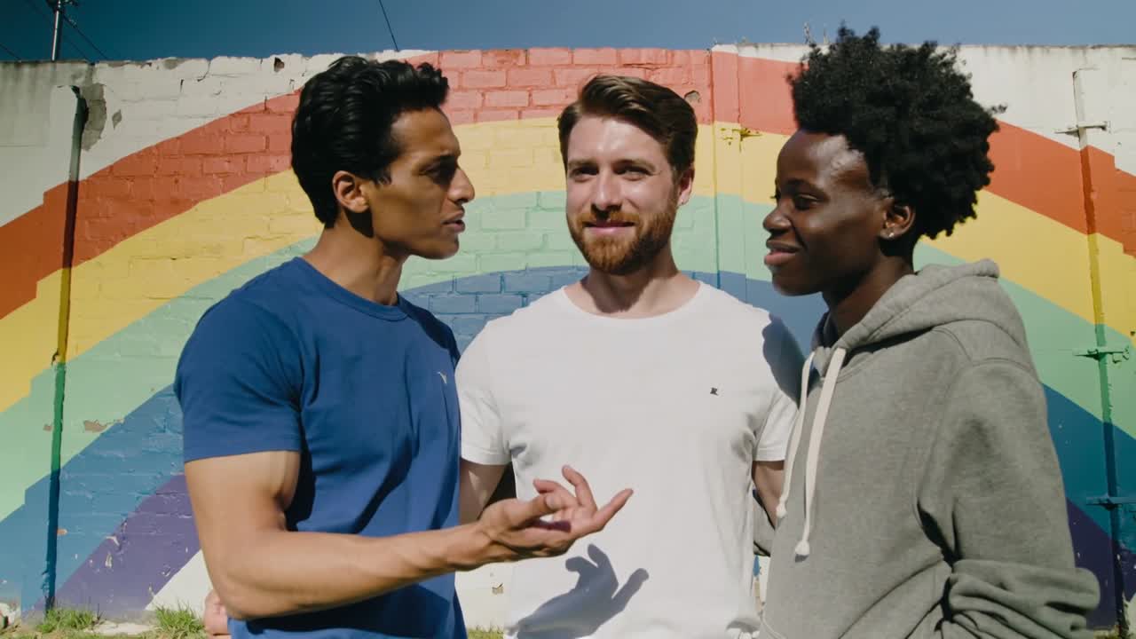 Uomo a sinistra che parla, gesticolando verso tre amici che indossano blu, bianco, grigio, vicini al murale arcobaleno.