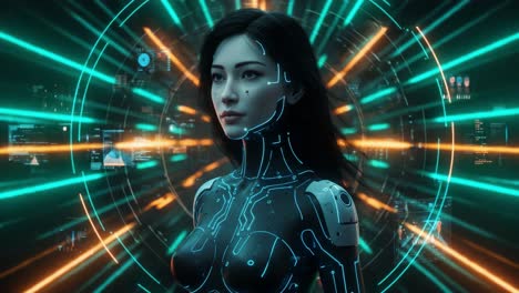 futuristic cybernetic woman in high-tech environment: a stunning visual representation of technology blending with humanity and advanced ai concepts