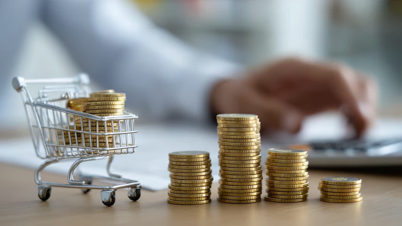 Un'analisi mirata della crescita finanziaria: mostra monete d'oro impilate accanto a un carrello della spesa su un tavolo, mentre una calcolatrice opera sullo sfondo.