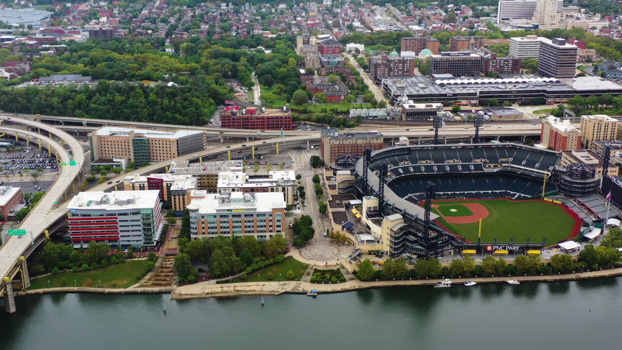 Aerial tracking shot of the PNC Park baseball stadium, in North Shore, Pittsburgh