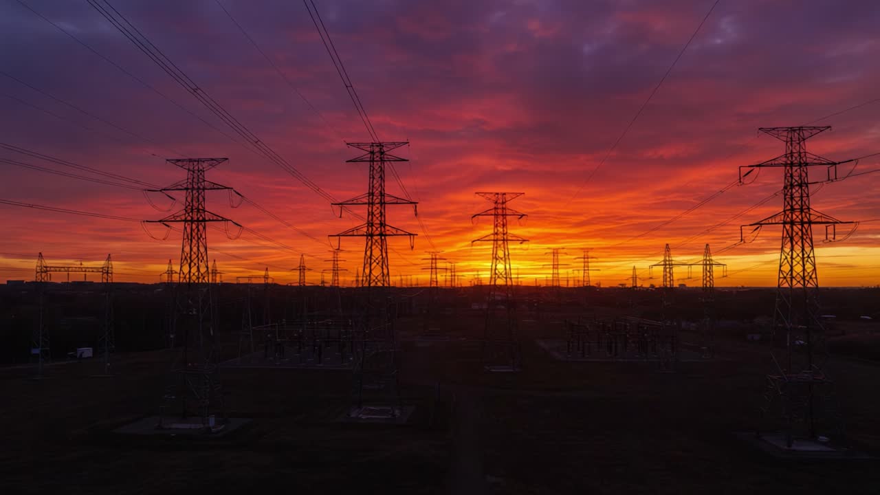 Stunning Dusk Over Power Lines: A Captivating Display of Nature's Palette Against the Backbone of Energy Infrastructure