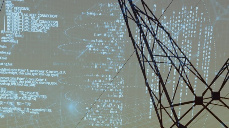 Digital code and data processing animation over industrial structure silhouette