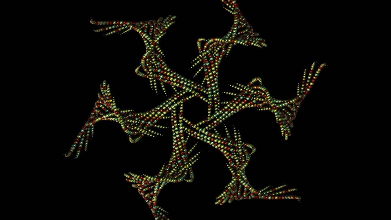 Abstract animation of multicolored patterns of small beads rotating and floating on the black background. Animation. 3d beaded decorations