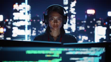 a focused female programmer analyzing code at night with neon city lights in the background, capturing the essence of modern technology and urban life