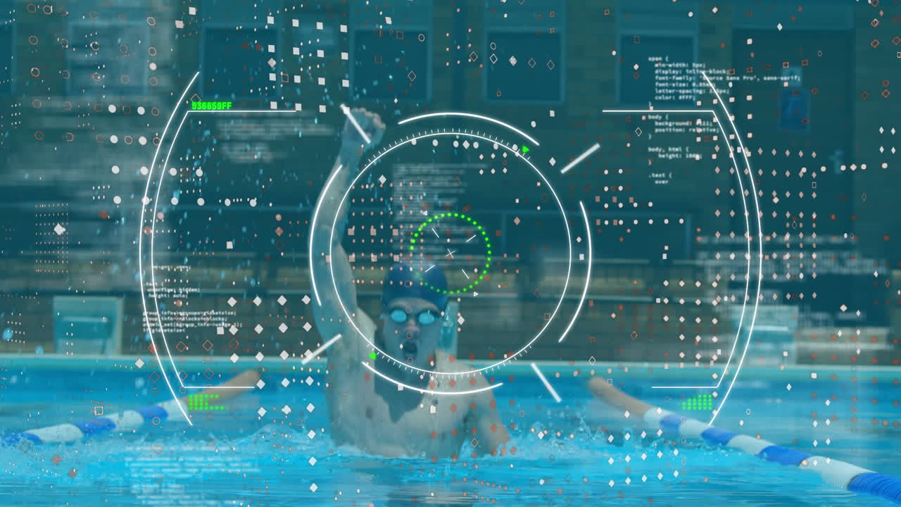 수영장에서 수영하는 남성 수영 선수에 대한 데이터 처리와 디지털 인터페이스