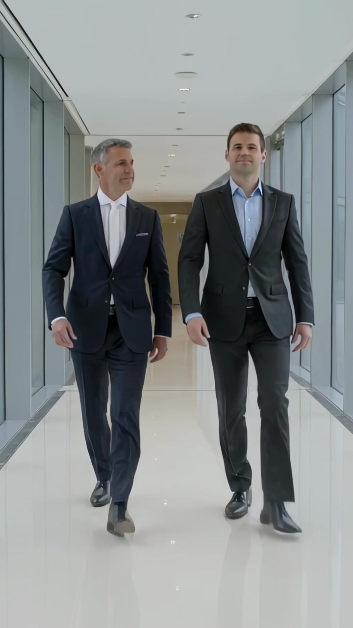 Video vertical: Dos hombres en traje caminando a paso constante por un pasillo de cristal, dirigiéndose a una reunión.
