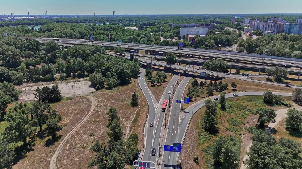 View of highways in Bratislava, Slovakia with green trees nearby