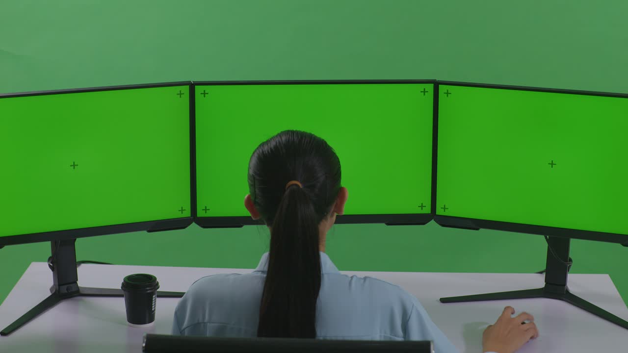 행복한 아시아 여성이 축하하고 춤을 추고 있는 뒷면으로 녹색 스크린 스튜디오에서 여러 컴퓨터 모니터와 함께 작업하고 있습니다.