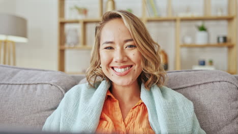 couch, laptop and asian woman face for happy home